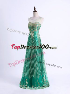 Floor Length Lace Up Going Out Dresses Green for Prom and Military Ball and Sweet 16 with Beading and Appliques