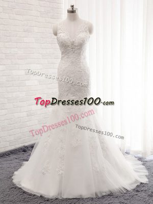White Bridal Gown Tulle Brush Train Sleeveless Lace