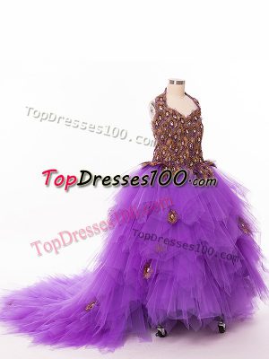 Affordable Eggplant Purple Sleeveless Tulle Court Train Lace Up Party Dresses for Wedding Party
