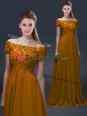 Brown Empire Appliques Mother of Groom Dress Lace Up Chiffon Short Sleeves Floor Length
