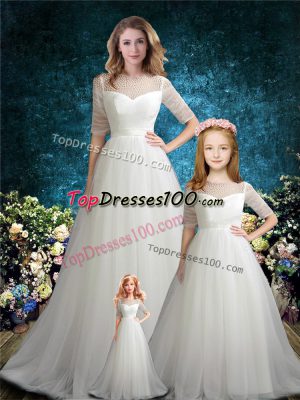 Eye-catching Half Sleeves Tulle Brush Train Zipper Sweet 16 Quinceanera Dress in White with Beading