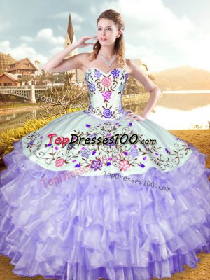 Lavender Organza and Taffeta Lace Up Sweet 16 Quinceanera Dress Sleeveless Floor Length Embroidery and Ruffled Layers