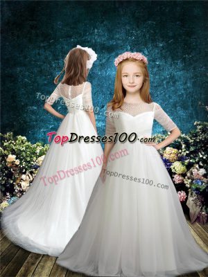 White A-line Beading Flower Girl Dress Zipper Tulle Half Sleeves