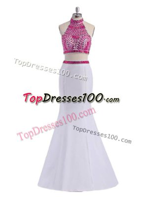 Floor Length White Prom Evening Gown Halter Top Sleeveless Criss Cross