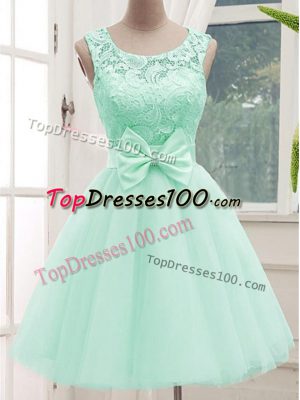 Exquisite Apple Green Tulle Lace Up Scoop Sleeveless Knee Length Bridesmaid Dresses Lace and Bowknot