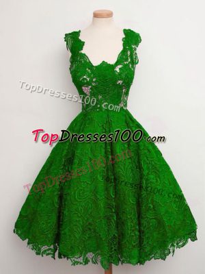 Lovely Green Sleeveless Lace Knee Length Quinceanera Dama Dress
