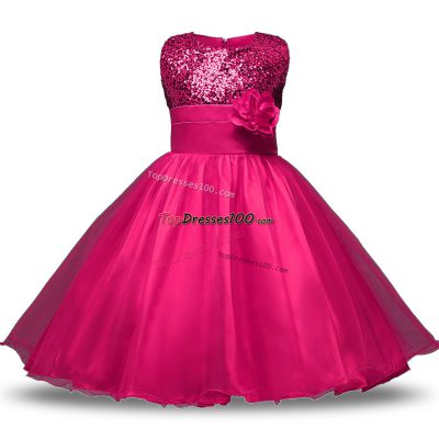Beautiful Knee Length Zipper Toddler Flower Girl Dress Hot Pink for Military Ball and Sweet 16 and Quinceanera with Belt and Hand Made Flower