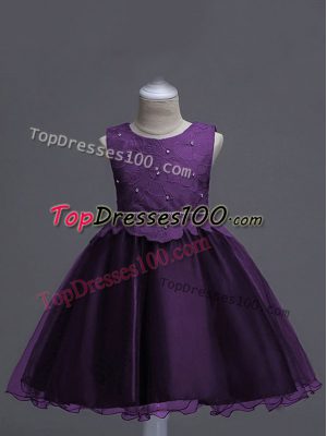 Dark Purple Organza Zipper Party Dresses Sleeveless Knee Length Lace