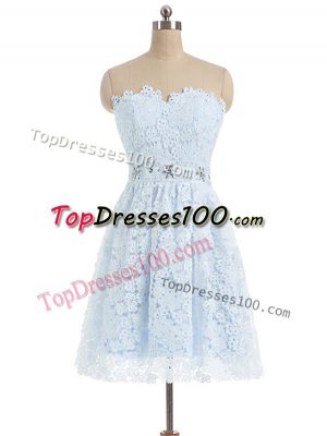 Mini Length Light Blue Evening Dress Lace Sleeveless Beading and Lace and Appliques