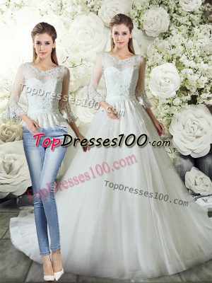 Customized White Wedding Gown Tulle Court Train 3 4 Length Sleeve Lace