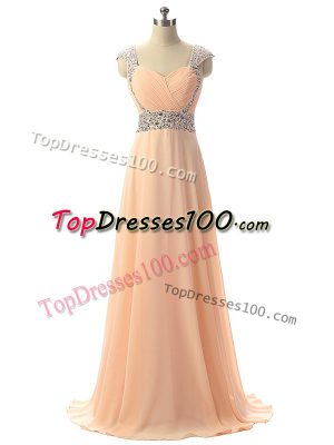 Floor Length Lace Up Evening Party Dresses Peach for Prom and Military Ball and Sweet 16 and Beach with Beading