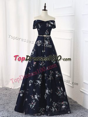 Customized Sleeveless Lace Up Floor Length Beading and Belt Dress for Prom