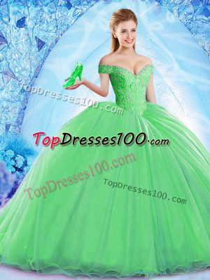 Green Ball Gowns Organza Off The Shoulder Sleeveless Beading Lace Up Quinceanera Dresses Brush Train