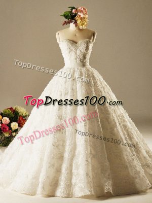 White Ball Gowns Lace Sweetheart Sleeveless Beading and Lace Lace Up Wedding Dress Brush Train