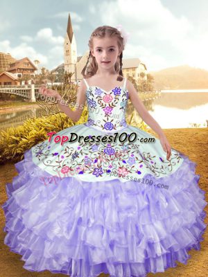 Fashion Sleeveless Organza and Taffeta Floor Length Lace Up Womens Party Dresses in Lavender with Embroidery and Ruffled Layers