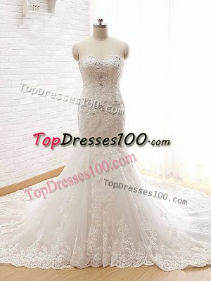 Flare White Lace Lace Up Sweetheart Sleeveless Bridal Gown Court Train Beading and Lace and Appliques