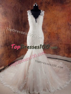 Custom Made Court Train Mermaid Wedding Gowns White V-neck Tulle Sleeveless Side Zipper