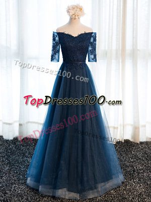 Edgy Floor Length Navy Blue Mother of the Bride Dress Tulle Half Sleeves Beading and Lace and Appliques