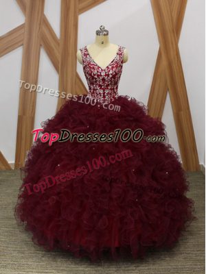 Floor Length Burgundy Quinceanera Gown Organza Sleeveless Beading and Ruffles