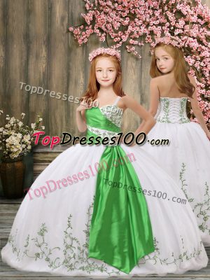 White Lace Up Straps Embroidery and Belt Girls Pageant Dresses Organza Sleeveless