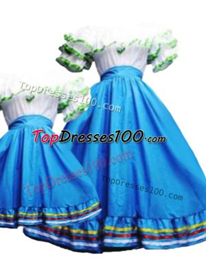 Custom Design Scoop Short Sleeves Quince Ball Gowns Floor Length Pick Ups Baby Blue Taffeta