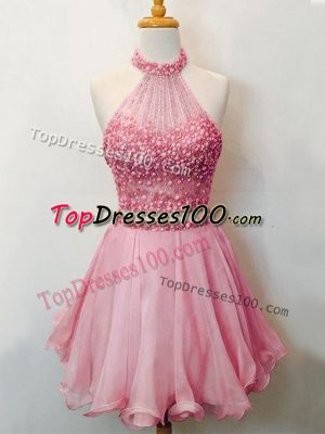 Admirable Halter Top Sleeveless Quinceanera Dama Dress Knee Length Beading Pink Organza