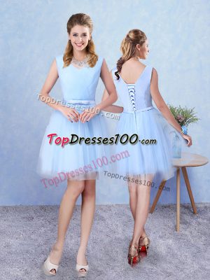 Lovely Knee Length Lace Up Damas Dress Aqua Blue for Prom and Party with Ruching