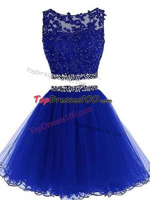 Royal Blue Tulle Zipper Prom Gown Sleeveless Mini Length Beading and Lace and Appliques