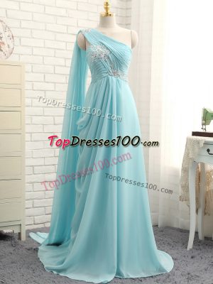 Vintage Aqua Blue Empire One Shoulder Sleeveless Chiffon Brush Train Zipper Beading and Ruching Bridesmaid Dresses