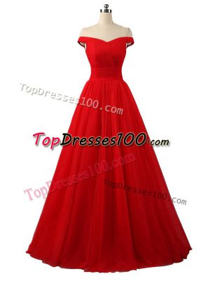 Decent Floor Length Red Womens Evening Dresses Tulle Sleeveless Ruching