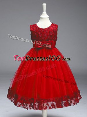 Noble Red Tulle Zipper Flower Girl Dress Sleeveless Tea Length Appliques and Bowknot