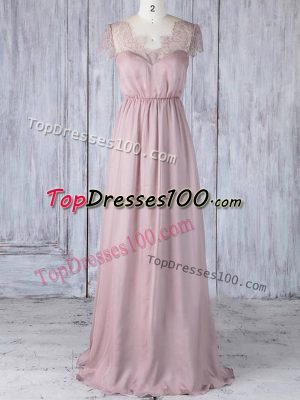 Fine Short Sleeves Floor Length Lace Clasp Handle Dama Dress for Quinceanera with Pink