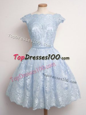 On Sale Knee Length A-line Cap Sleeves Light Blue Quinceanera Court of Honor Dress Lace Up