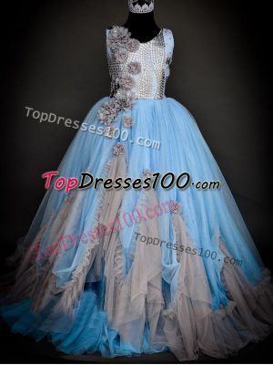 Light Blue Scoop Neckline Sequins and Hand Made Flower Little Girls Pageant Dress Sleeveless Backless