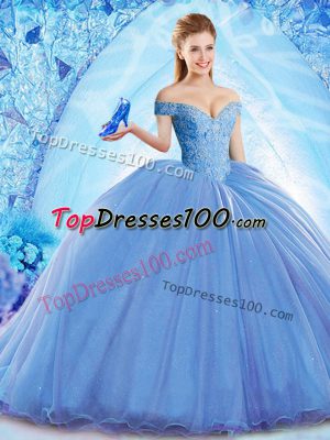 Shining Blue Organza Lace Up Off The Shoulder Sleeveless Sweet 16 Dress Brush Train Beading