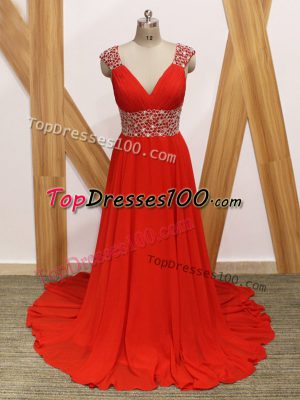 Shining Red Sleeveless Beading Backless Celebrity Evening Dresses