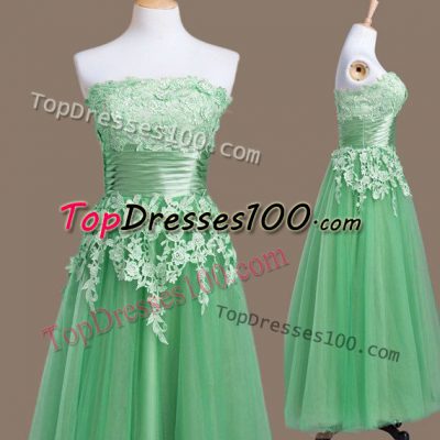 Tea Length Green Bridesmaid Gown Tulle Sleeveless Appliques