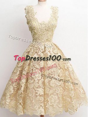 Decent Champagne A-line Lace Straps Sleeveless Lace Knee Length Zipper Wedding Party Dress