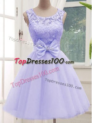 Great Lavender Lace Up Wedding Party Dress Lace and Bowknot Sleeveless Knee Length