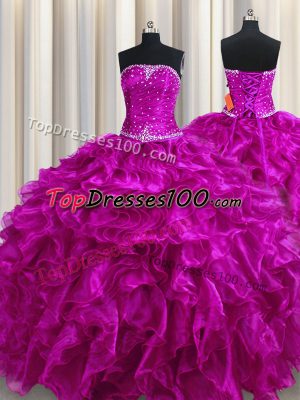 Fuchsia Organza Lace Up 15th Birthday Dress Sleeveless Floor Length Beading and Ruffles