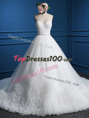 Fabulous Court Train A-line Wedding Dresses White Sweetheart Tulle Sleeveless Zipper