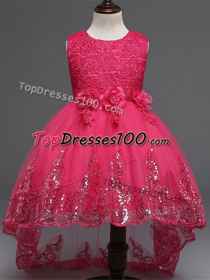 Customized Ball Gowns Little Girl Pageant Gowns Hot Pink Scoop Tulle Sleeveless High Low Zipper