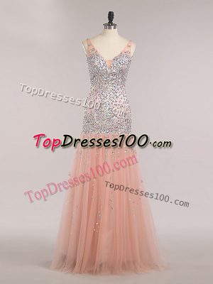 Great Peach Mermaid Beading and Sequins Dress for Prom Zipper Tulle Sleeveless Floor Length
