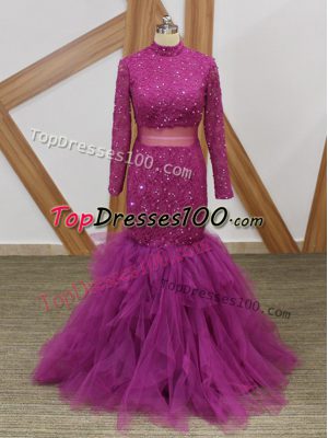 Attractive Floor Length Fuchsia Mother of Groom Dress High-neck Long Sleeves Zipper