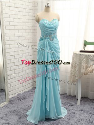 Baby Blue Empire Chiffon Sweetheart Sleeveless Beading and Ruching Floor Length Zipper Prom Dresses