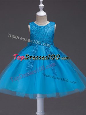 Teal Sleeveless Appliques Knee Length Child Pageant Dress