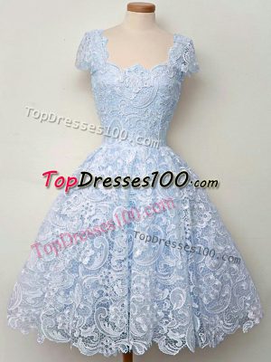 High Quality Light Blue A-line Straps Cap Sleeves Lace Knee Length Lace Up Lace Dama Dress