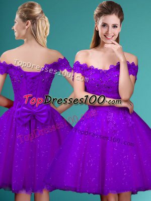 Inexpensive Eggplant Purple Cap Sleeves Lace and Belt Knee Length Court Dresses for Sweet 16