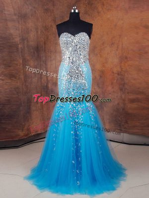 On Sale Baby Blue Sleeveless Tulle Lace Up Evening Gowns for Prom and Military Ball