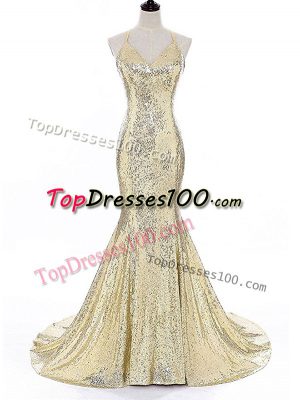 Traditional Straps Sleeveless Prom Gown Brush Train Sequins Gold Sequined